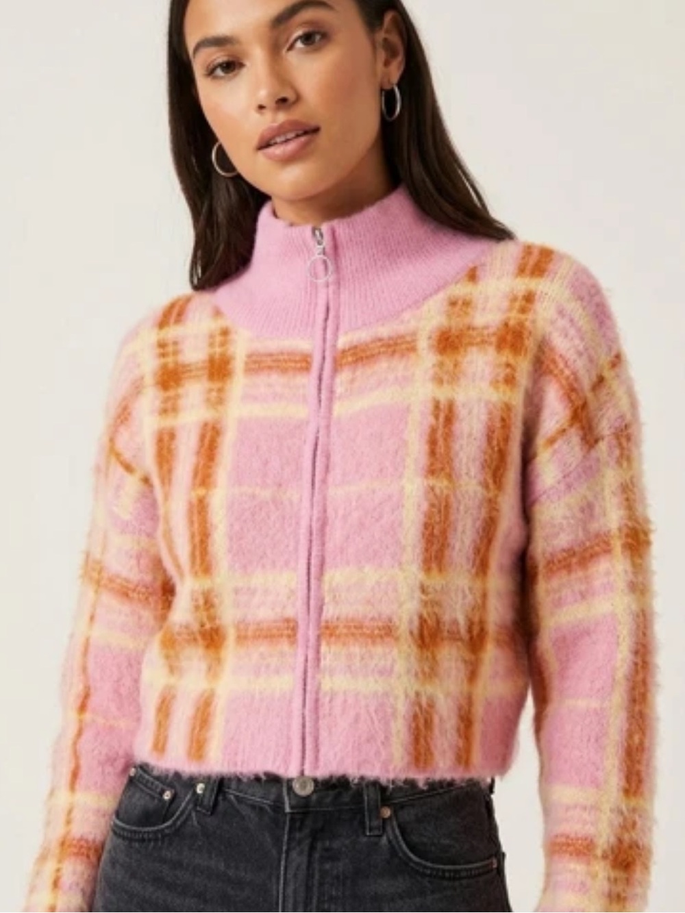 wild fable NWT XXL Pink Orange Plaid Cropped mohair blend Zip‑Front sweater